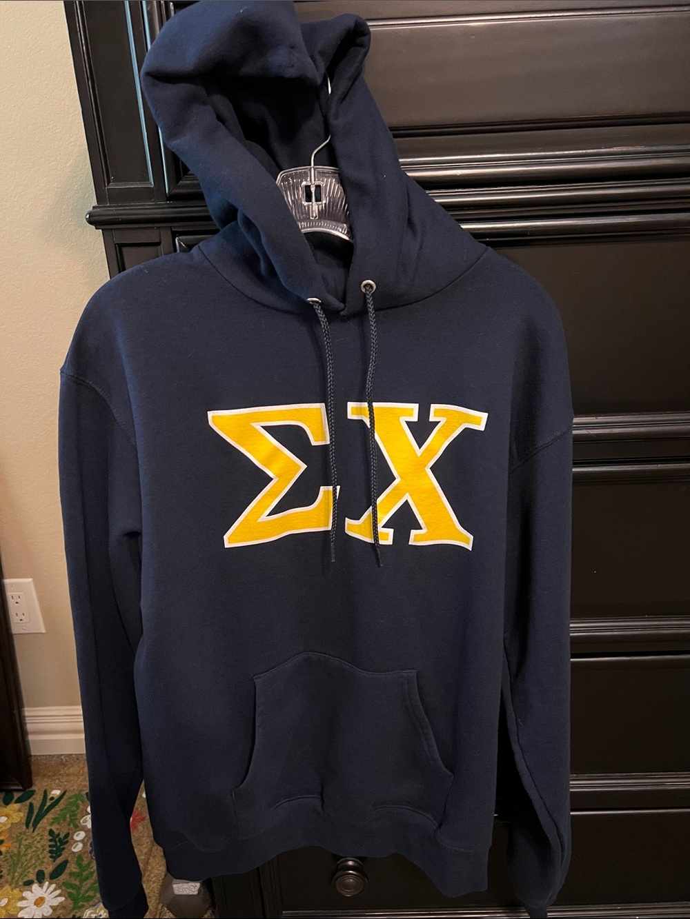 Sigma Chi Champion Navy Hoodie with Yellow and White Greek Letters